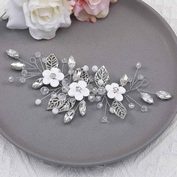 ❤️Women Silver Flower Bride Hair Vine Leaf  Hair Piece Beaded Headpieces Jewelry - Picture 4 of 9